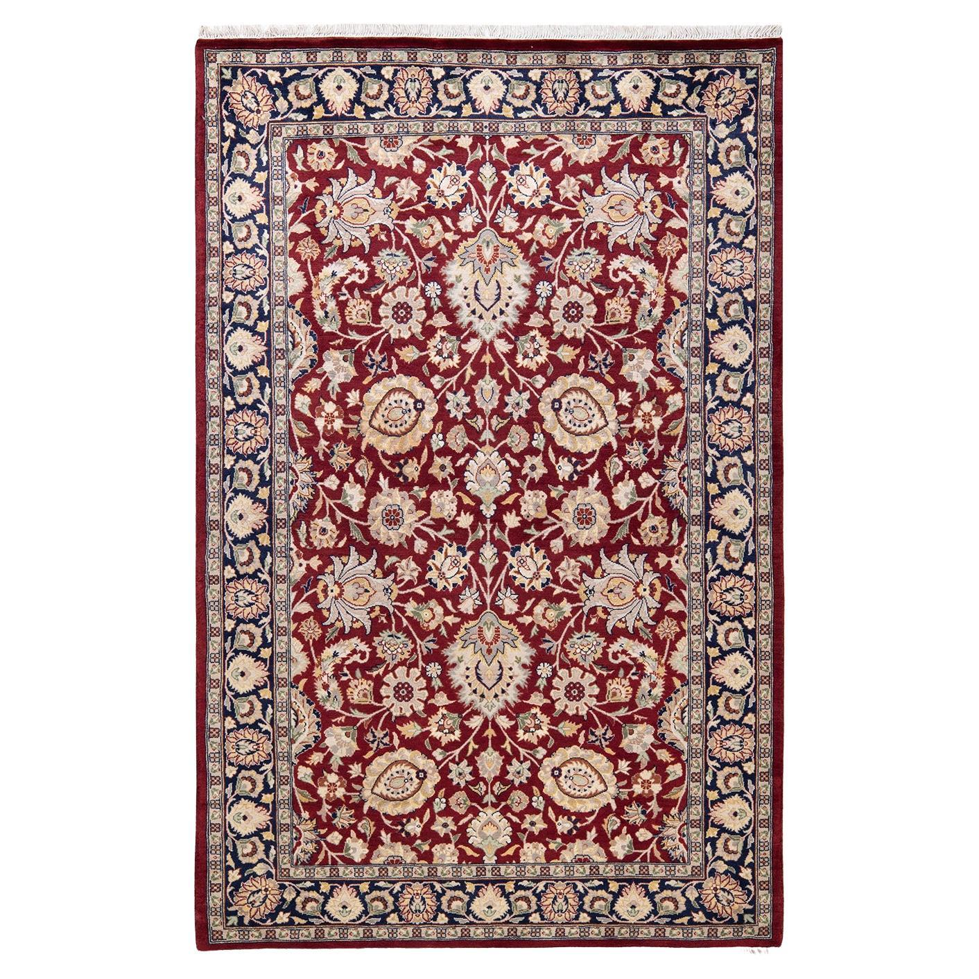 One-of-a-Kind Hand Knotted Traditional Oriental Mogul Red Area Rug 4' 2" x 6' 6" For Sale