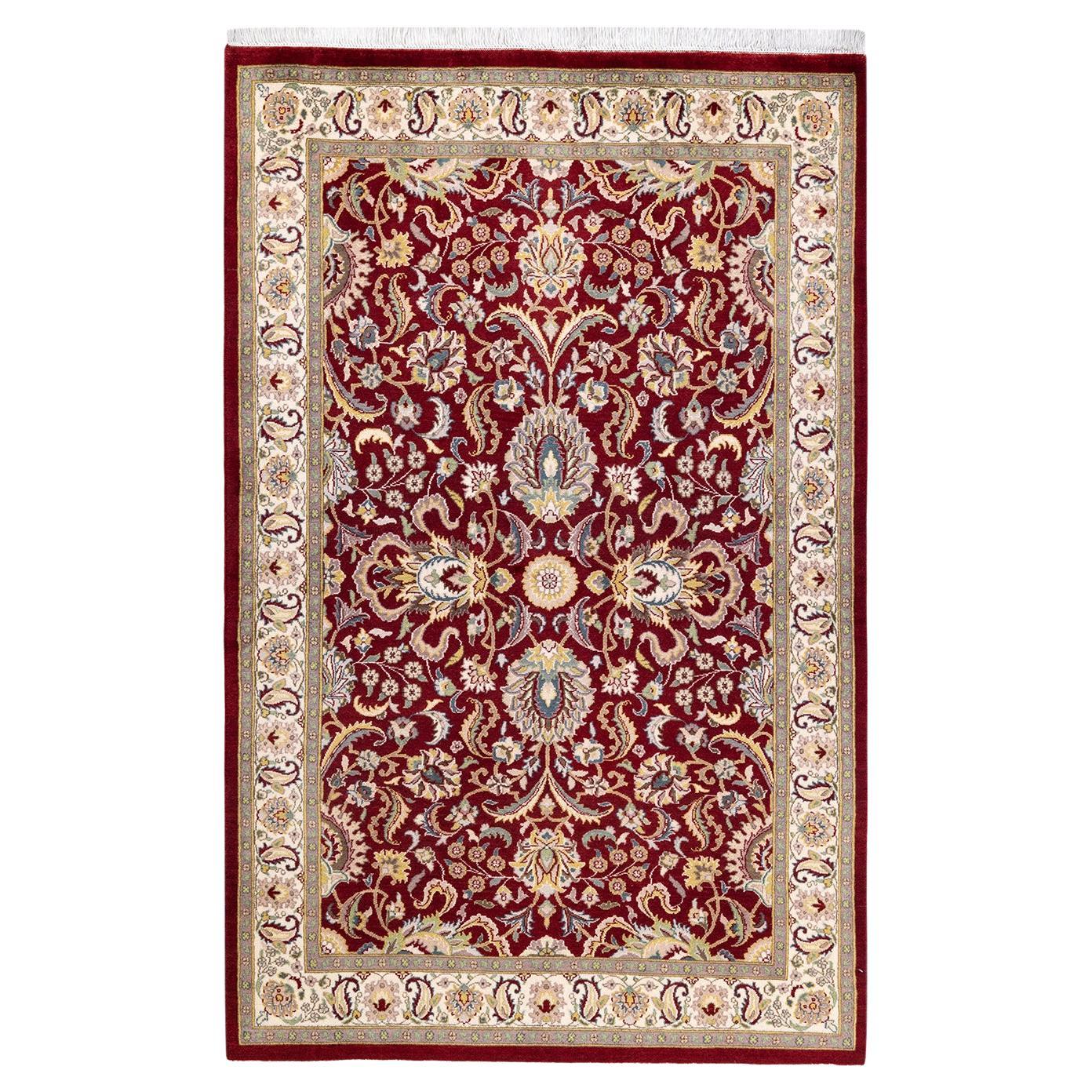 Tapis traditionnel oriental rouge moghol noué à la main, unique en son genre