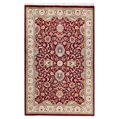 Tapis traditionnel oriental rouge moghol noué à la main, unique en son genre