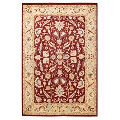 Tapis traditionnel oriental rouge moghol noué à la main, unique en son genre