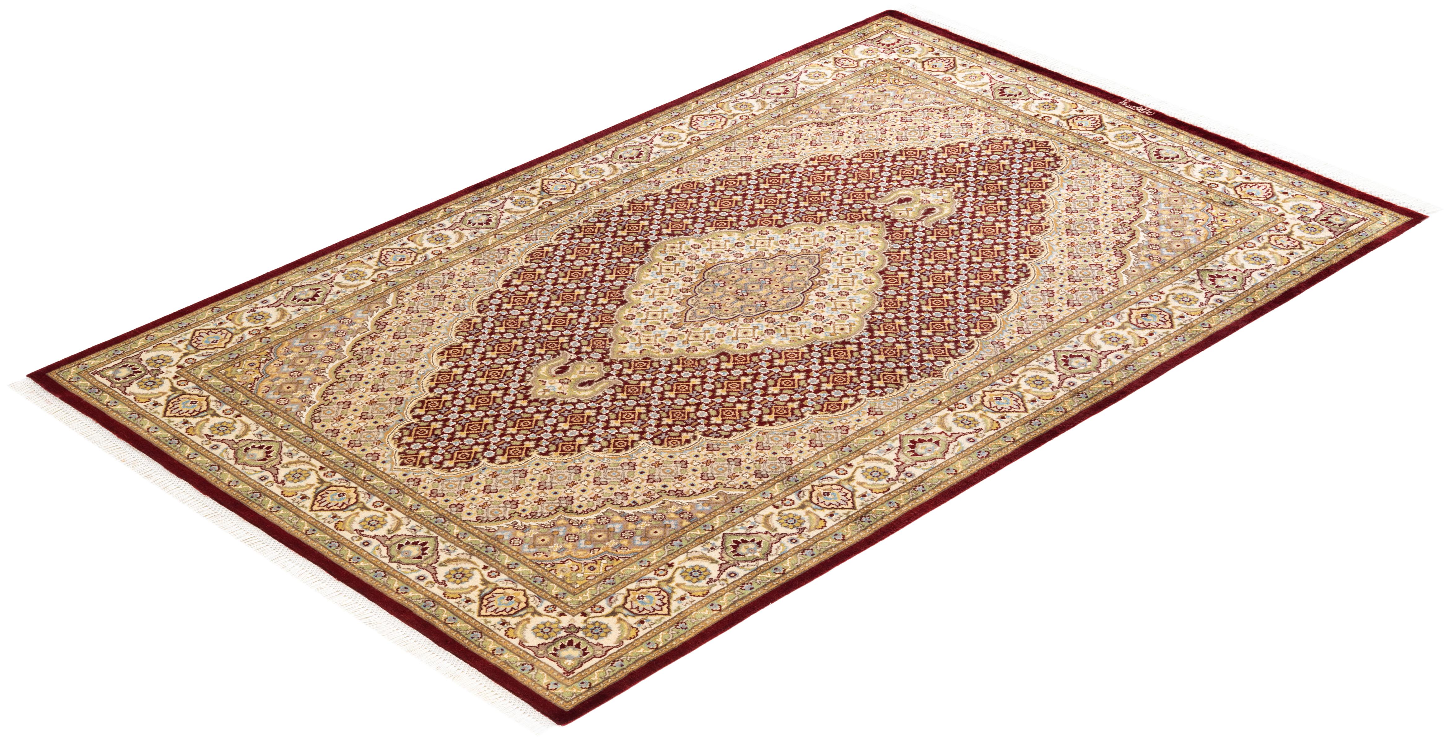Tapis traditionnel oriental rouge moghol noué à la main, unique en son genre en vente 2