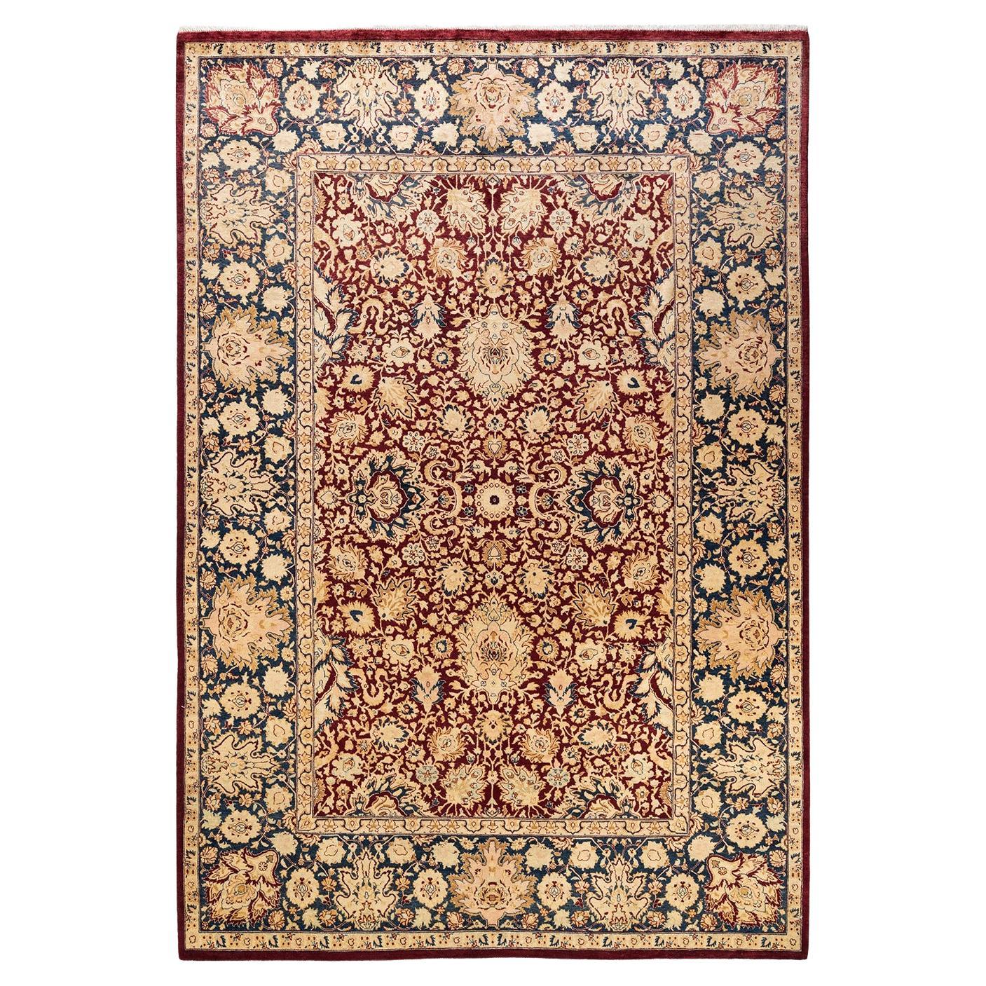 Tapis traditionnel oriental rouge moghol noué à la main, unique en son genre