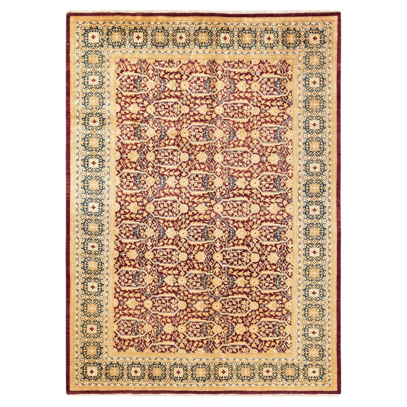 Tapis traditionnel oriental rouge moghol noué à la main, unique en son genre