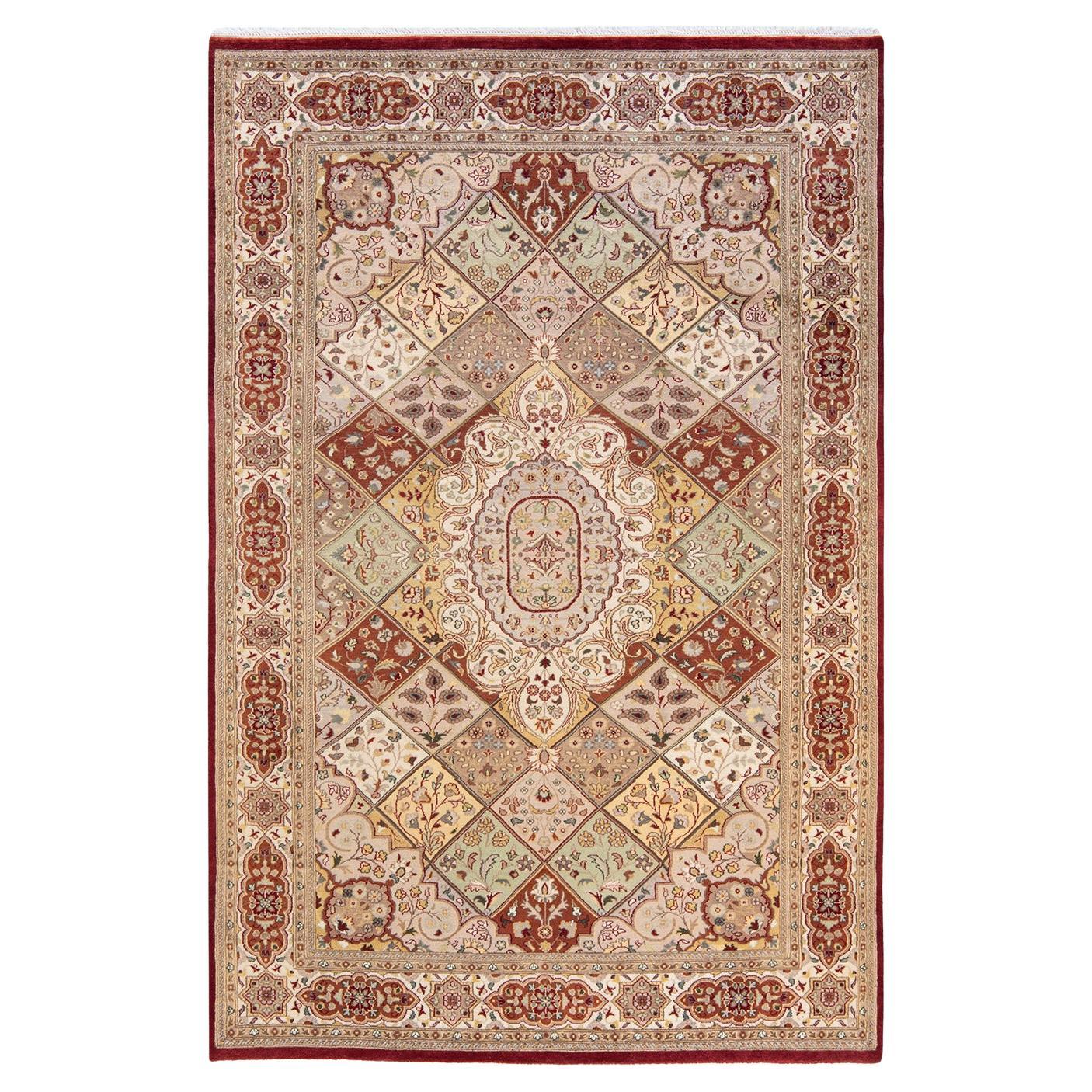 Tapis traditionnel oriental rouge moghol noué à la main, unique en son genre