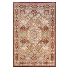Tapis traditionnel oriental rouge moghol noué à la main, unique en son genre