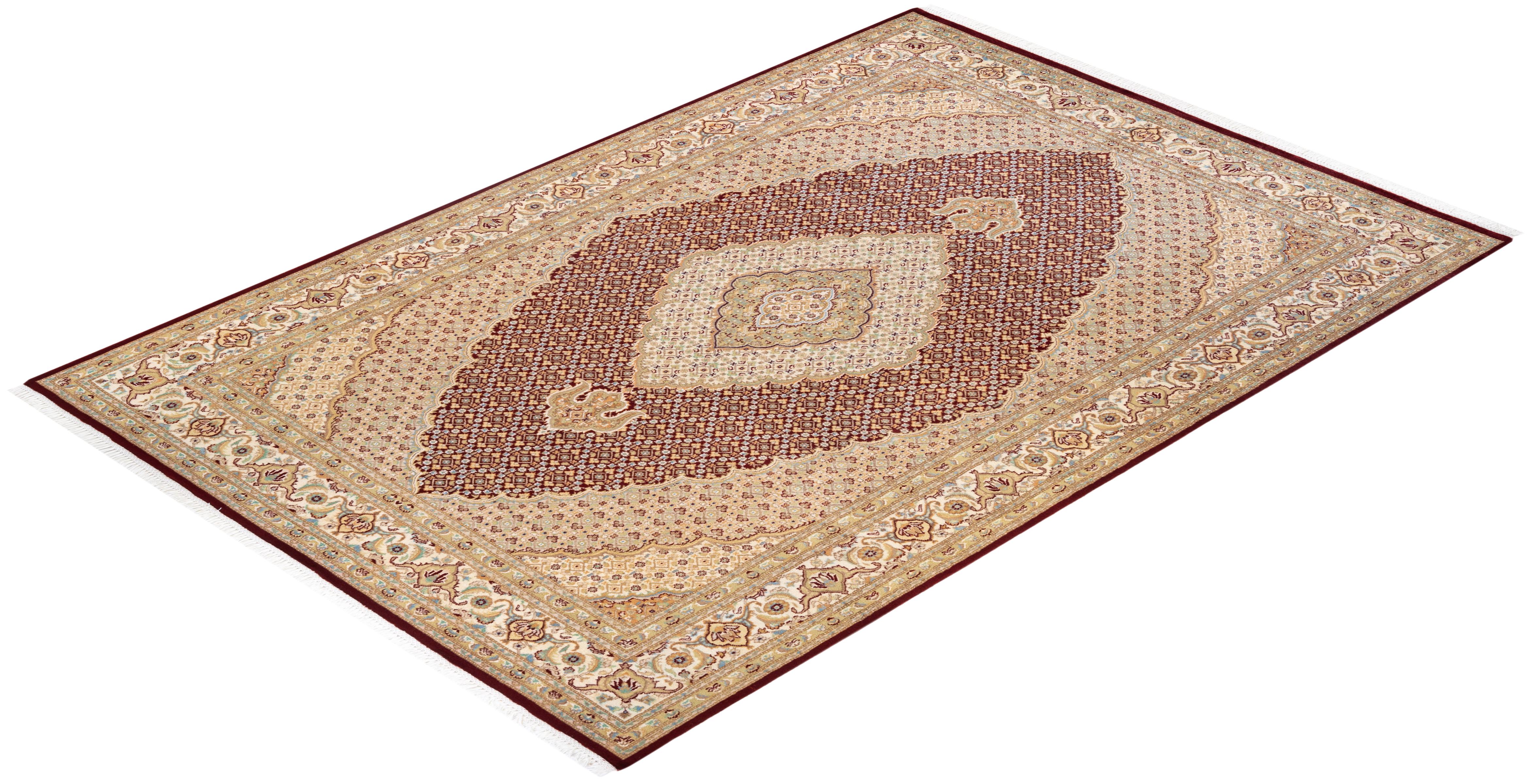Tapis traditionnel oriental rouge moghol noué à la main, unique en son genre en vente 2