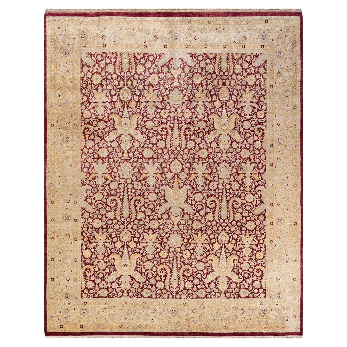 Tapis traditionnel oriental rouge moghol noué à la main, unique en son genre