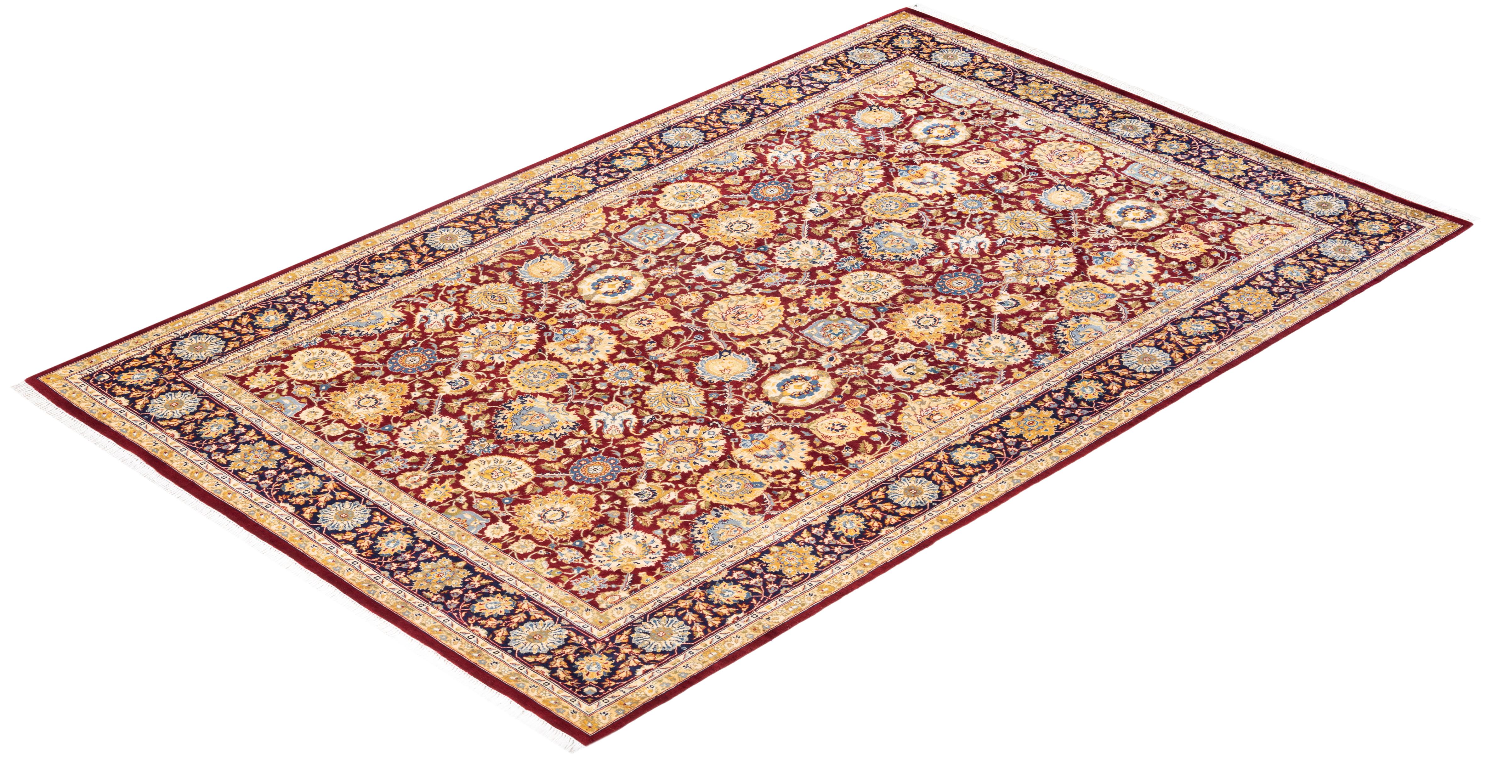 Tapis traditionnel oriental rouge moghol noué à la main, unique en son genre en vente 2