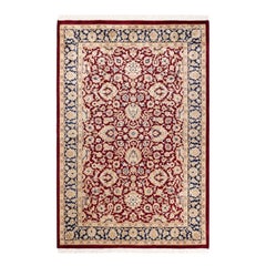 Tapis traditionnel oriental rouge moghol noué à la main, unique en son genre