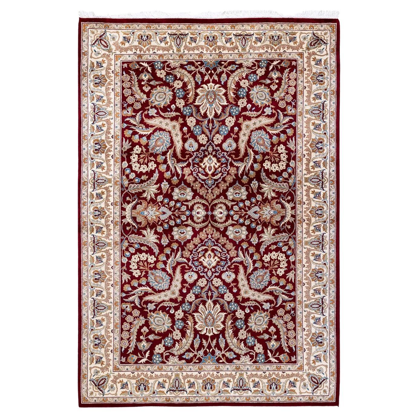 One of a Kind Hand Knotted Traditional Oriental Mogul Red Area Rug For Sale