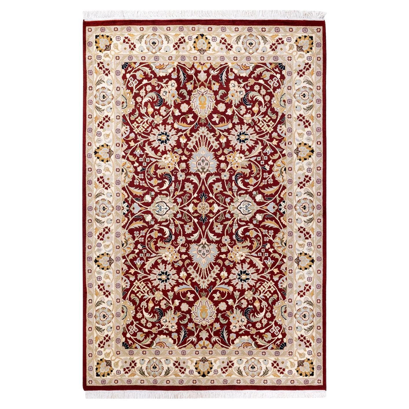 Tapis traditionnel oriental Mogul rouge, unique en son genre, nou  la main.