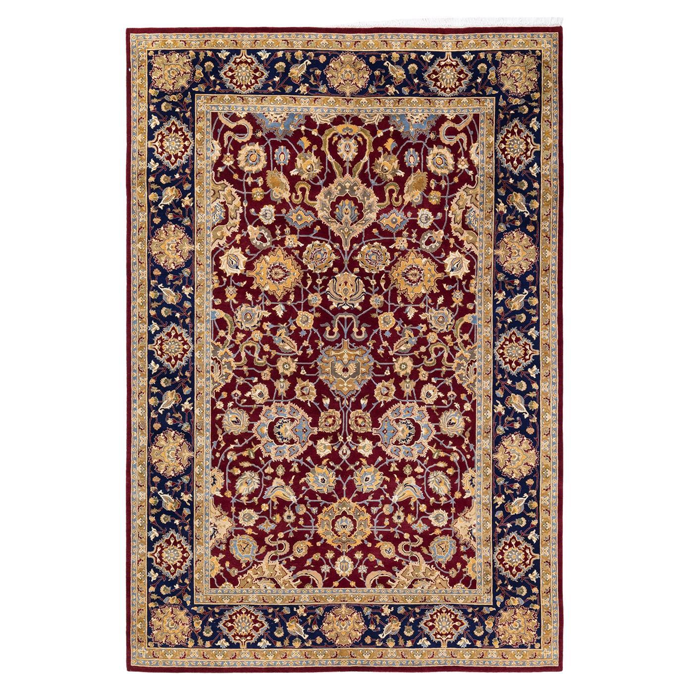 Tapis traditionnel oriental Mogul rouge, unique en son genre, nou  la main.