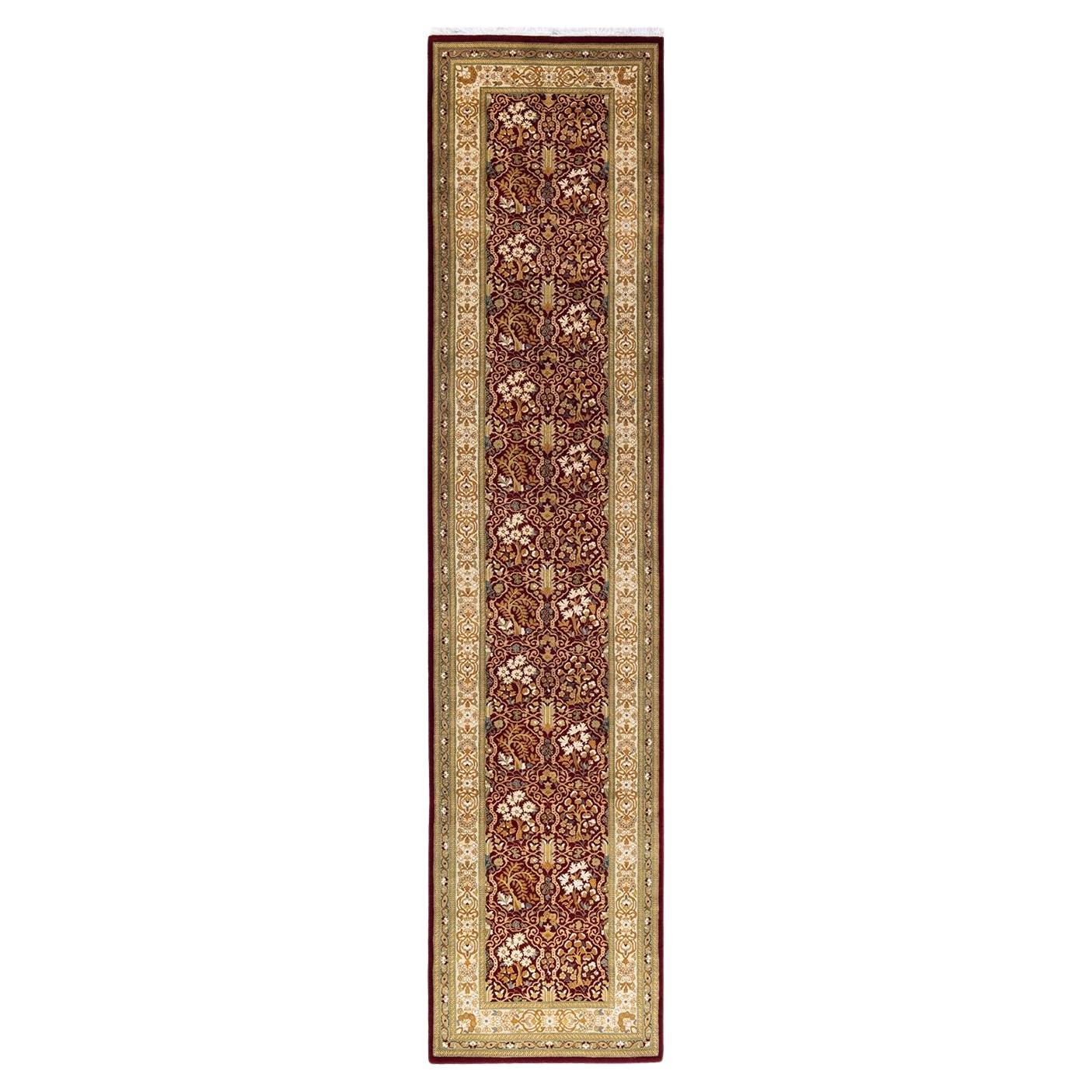One of a Kind Hand Knotted Traditional Oriental Mogul Red Runner Area Rug