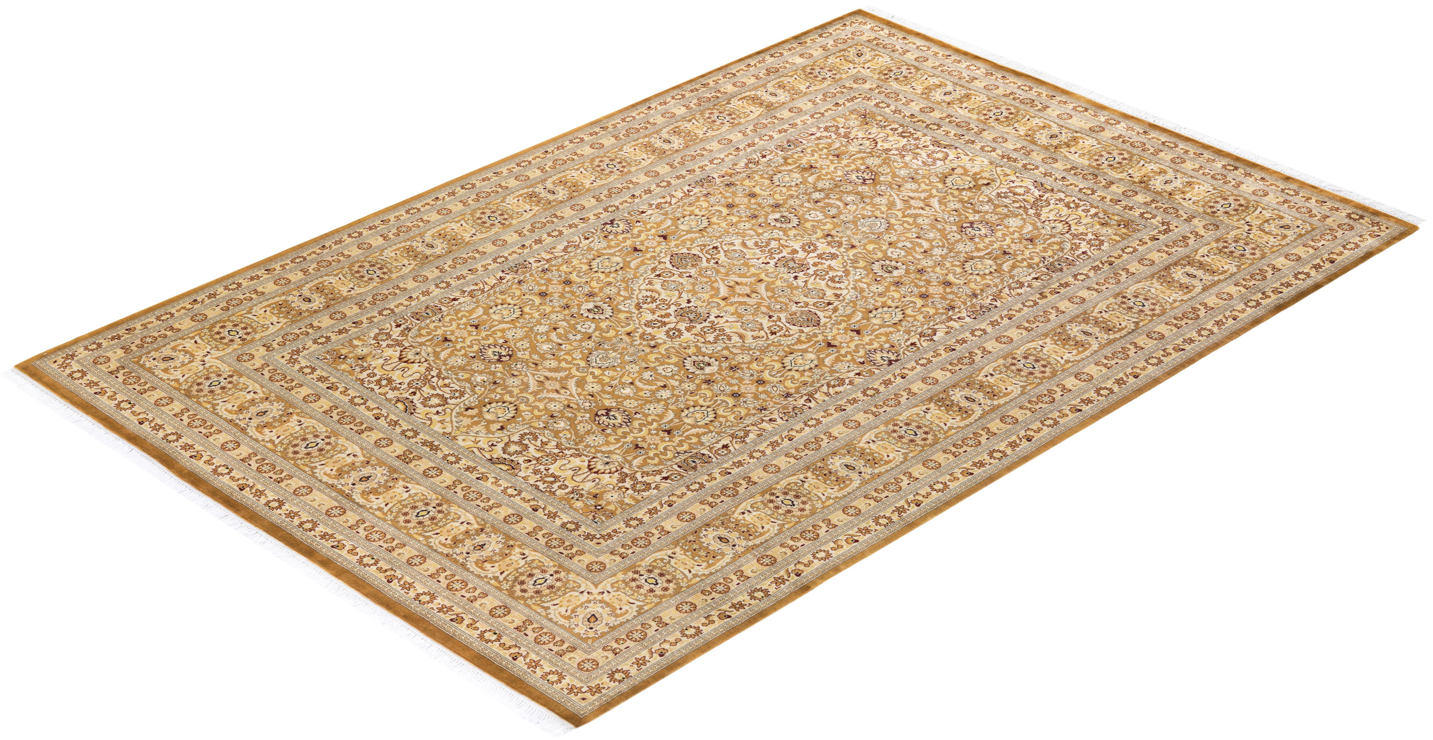 Tapis unique noué à la main de type traditionnel oriental Mogul jaune, unique en son genre en vente 2