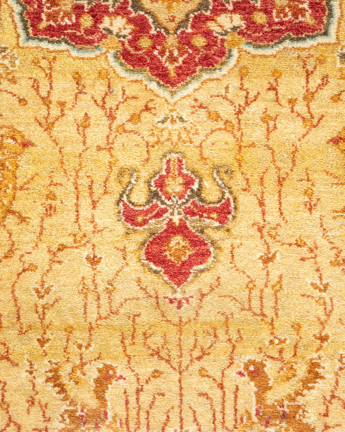 Pakistani One of a Kind Hand Knotted Traditional Oriental Mogul Yellow Area Rug For Sale