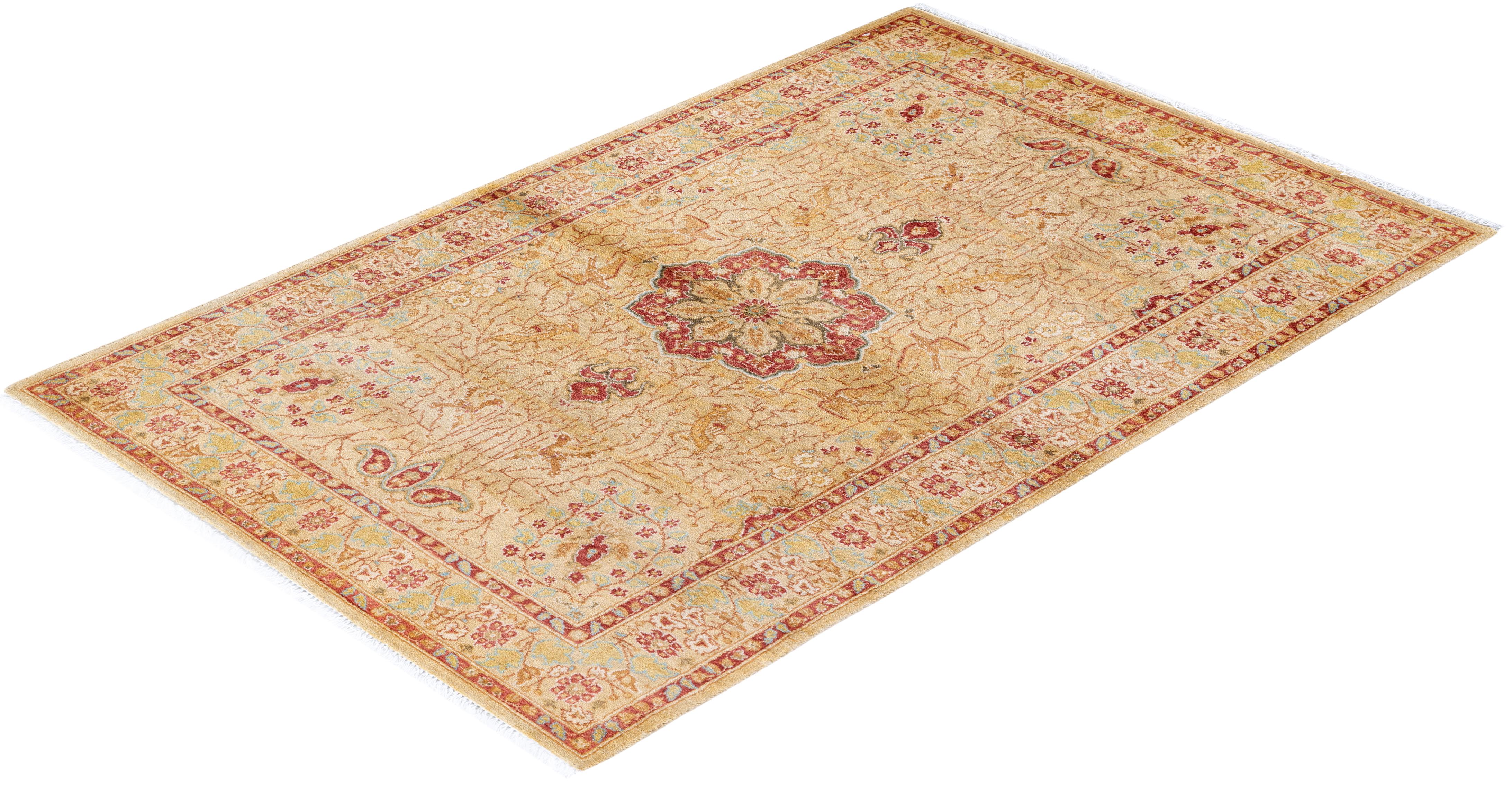 One of a Kind Hand Knotted Traditional Oriental Mogul Yellow Area Rug For Sale 2