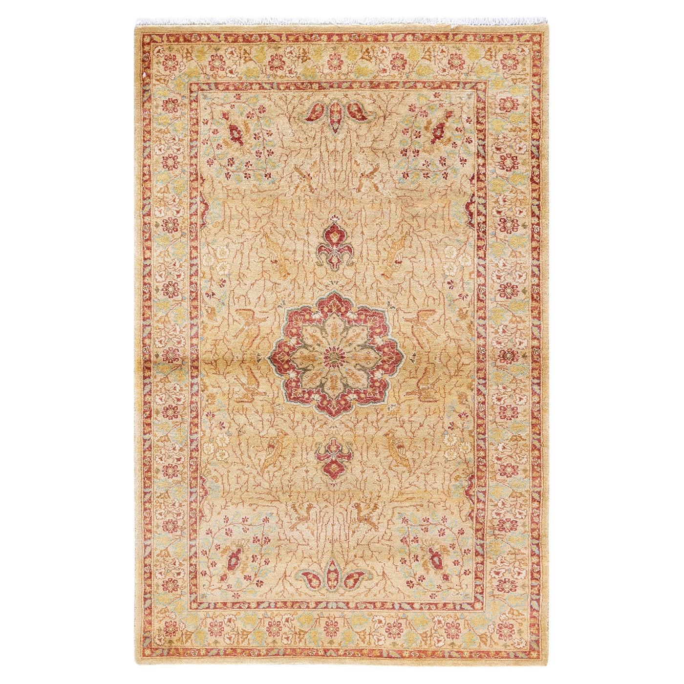 One of a Kind Hand Knotted Traditional Oriental Mogul Yellow Area Rug For Sale