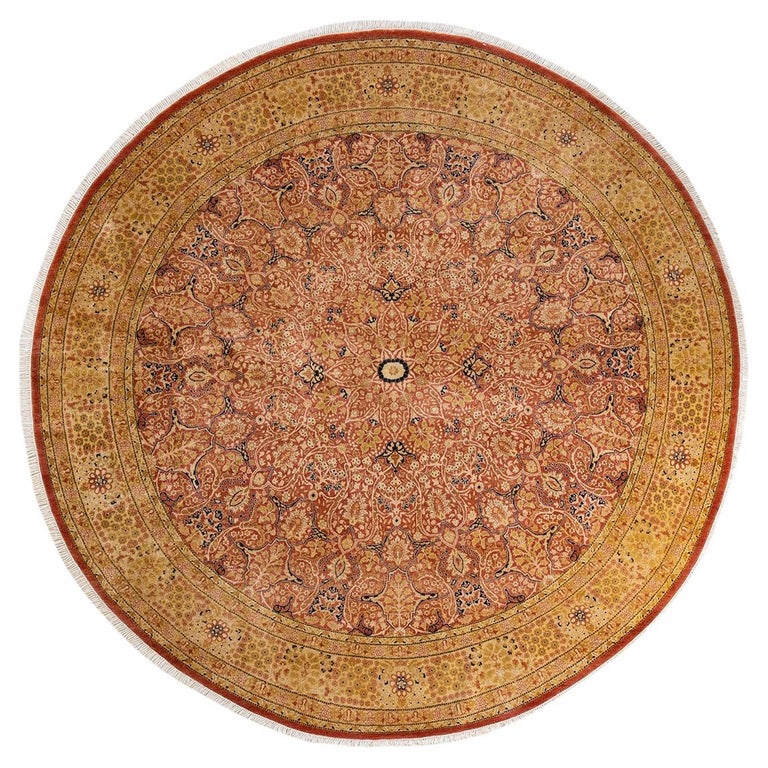 Round Orian Rugs One of a Kind Hand Knotted Traditional Oriental Orange Round Area Rug ...