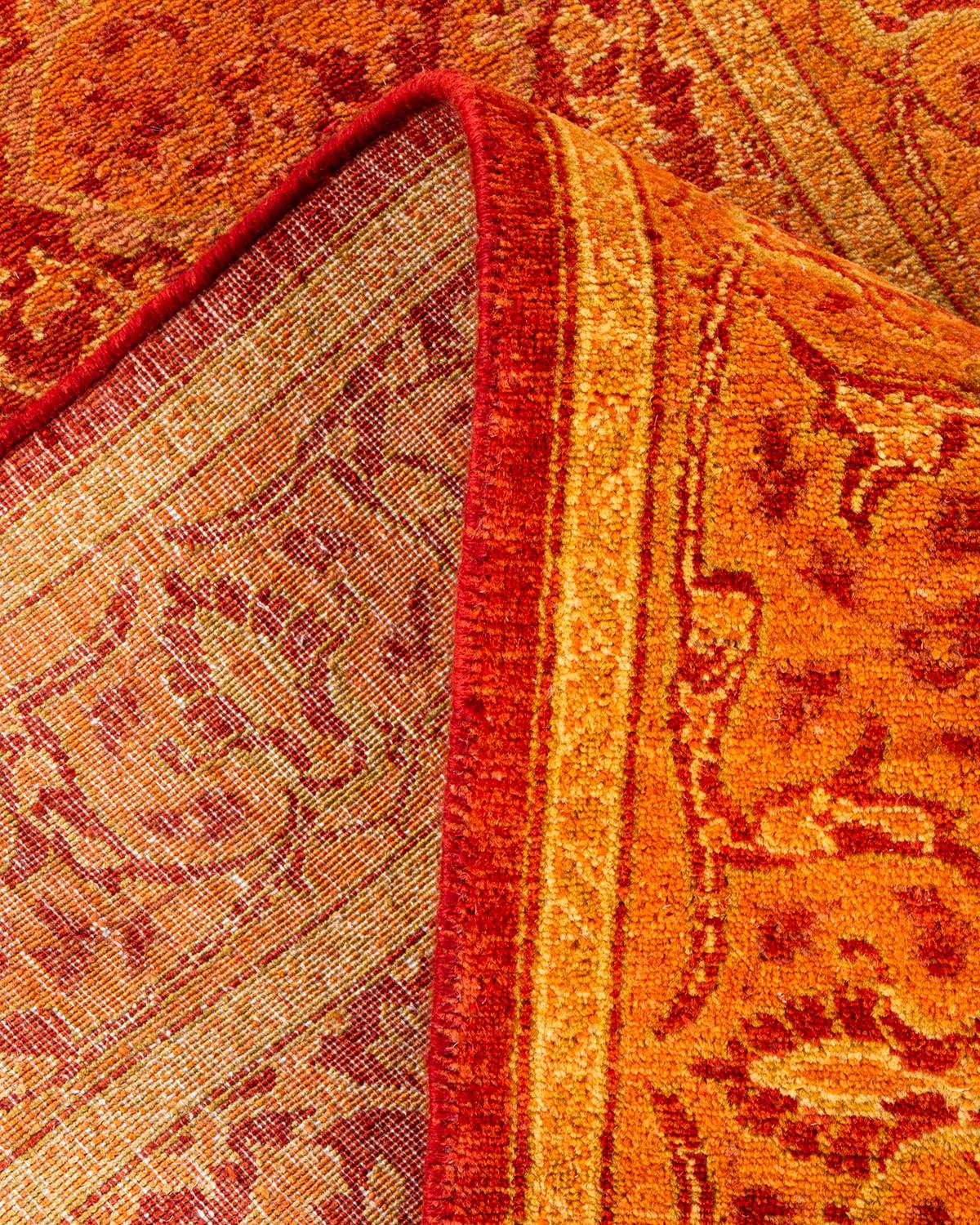Wool One of a Kind Hand Knotted Traditional Oriental Orange Runner