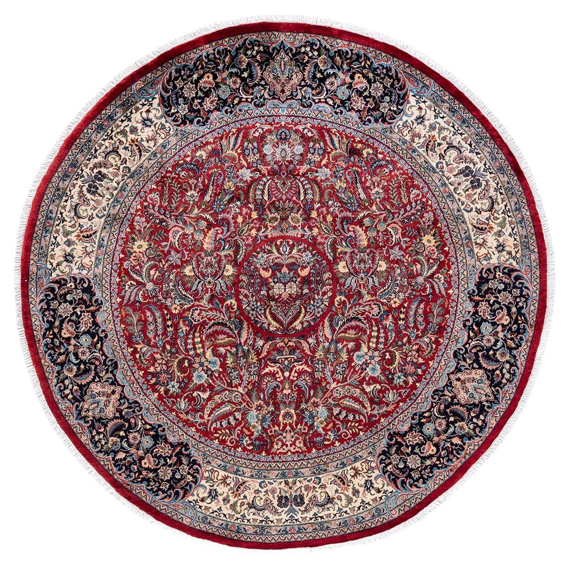 One of a Kind Hand Knotted Traditional Oriental Red Round Area Rug For Sale