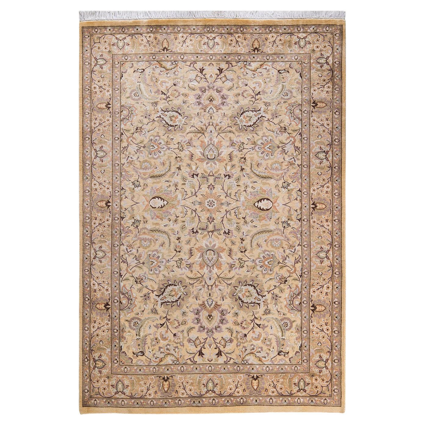 One of a Kind Hand Knotted Traditional Oriental Yellow Area Rug For Sale