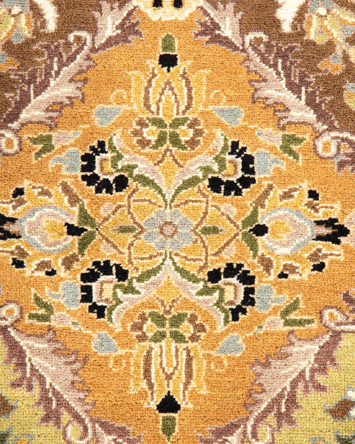 Pakistani One of a Kind Hand Knotted Traditional Oriental Yellow Octagon Area Rug For Sale