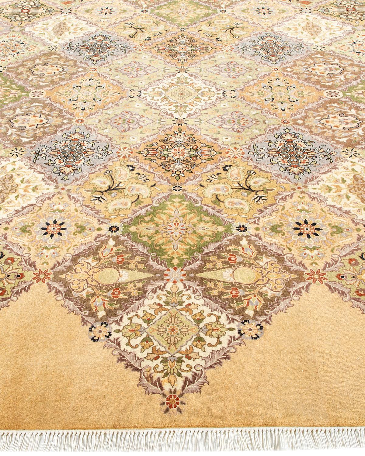 Pakistani One of a Kind Hand Knotted Traditional Oriental Yellow Octagon Area Rug For Sale