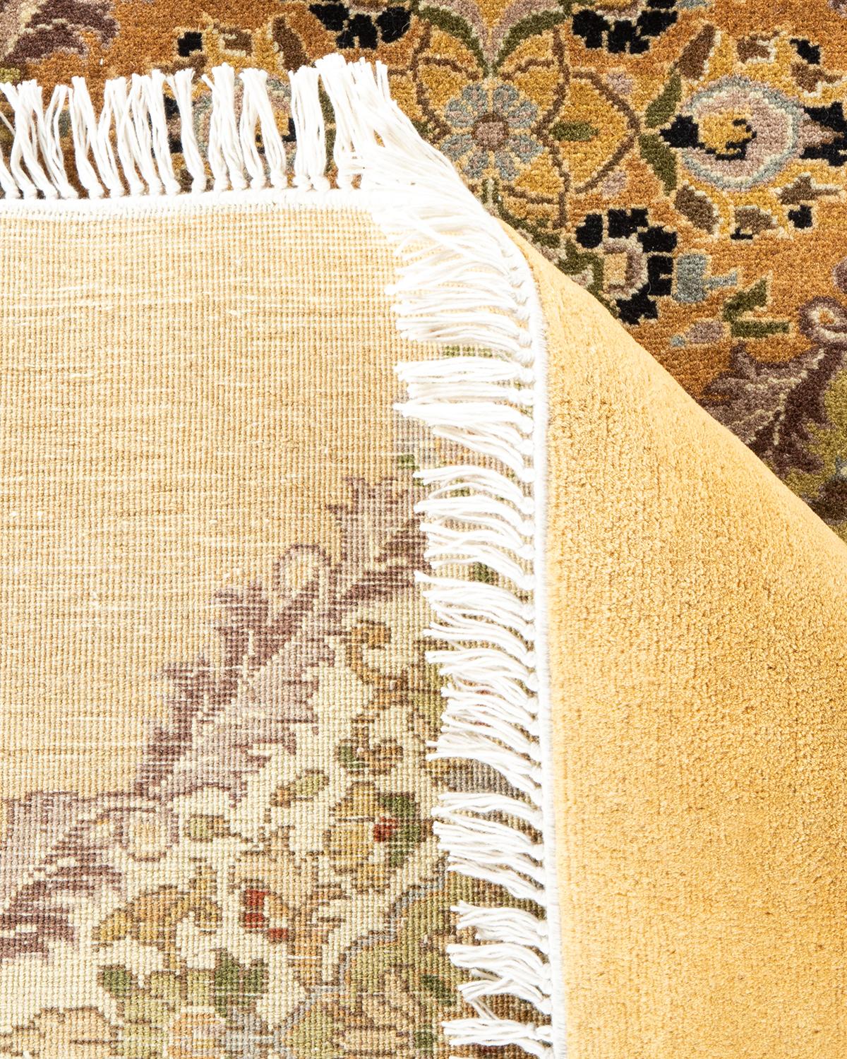 Wool One of a Kind Hand Knotted Traditional Oriental Yellow Octagon Area Rug For Sale