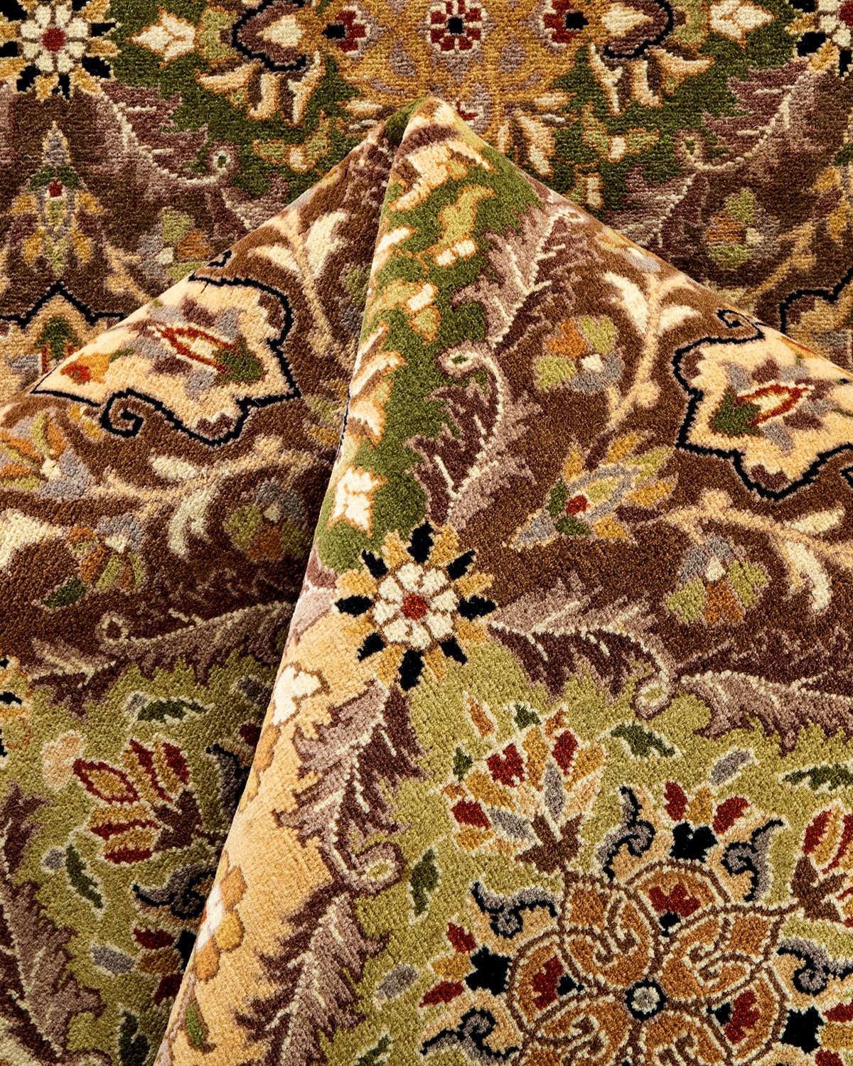 Wool One of a Kind Hand Knotted Traditional Oriental Yellow Octagon Area Rug For Sale