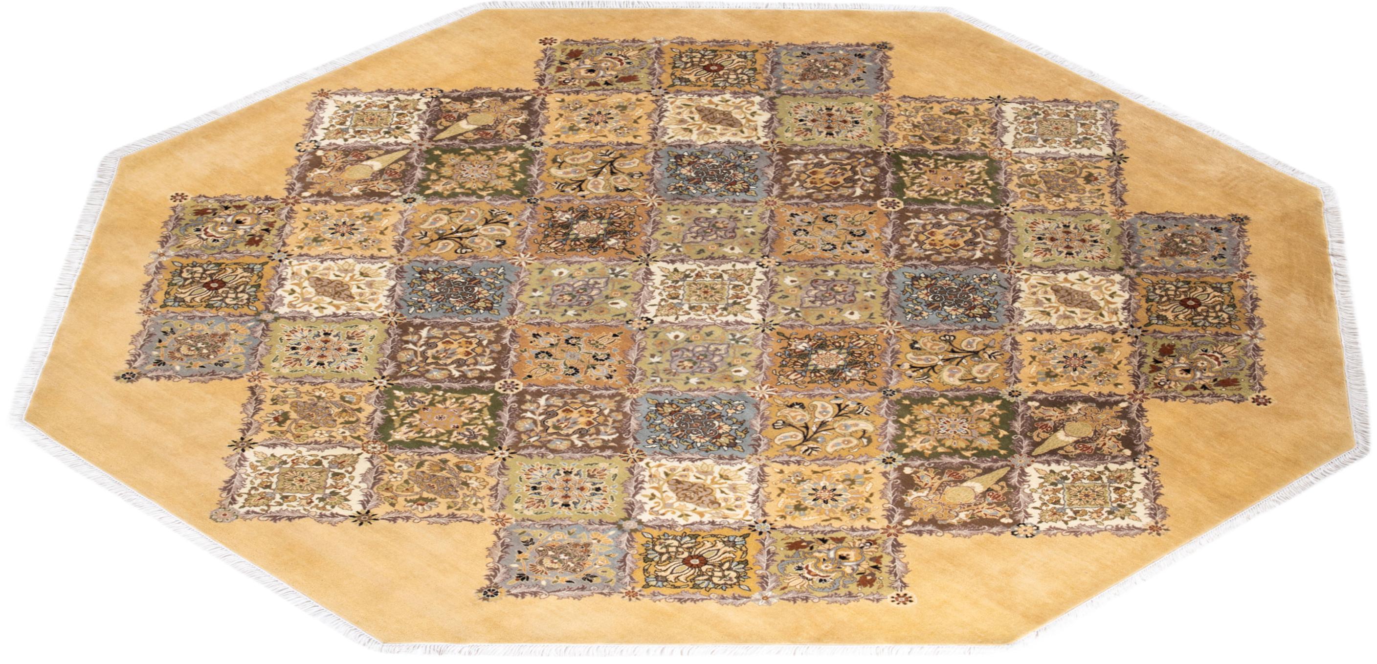 One of a Kind Hand Knotted Traditional Oriental Yellow Octagon Area Rug For Sale 2