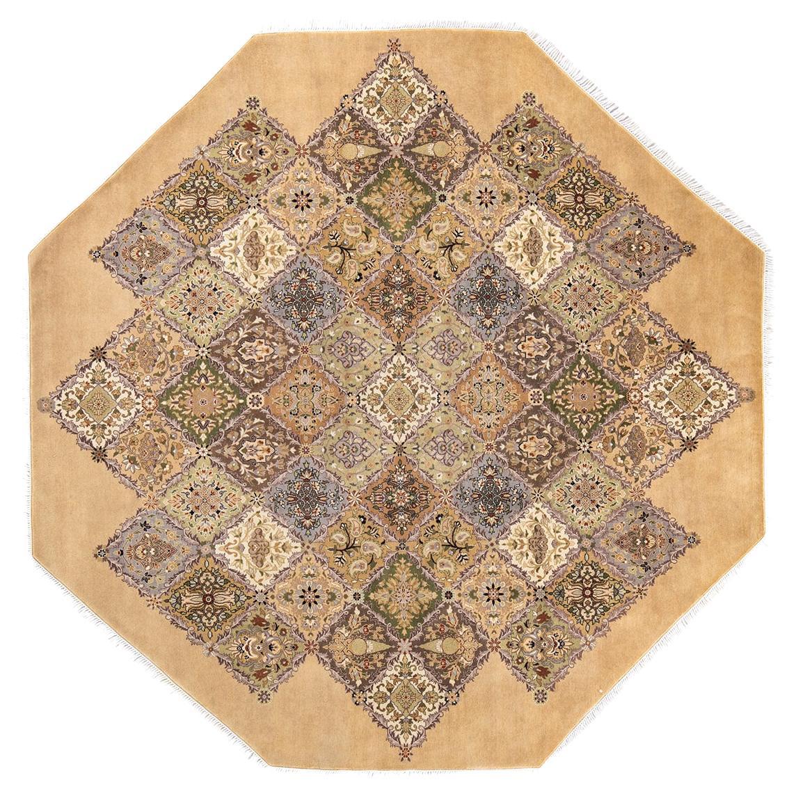 One of a Kind Hand Knotted Traditional Oriental Yellow Octagon Area Rug