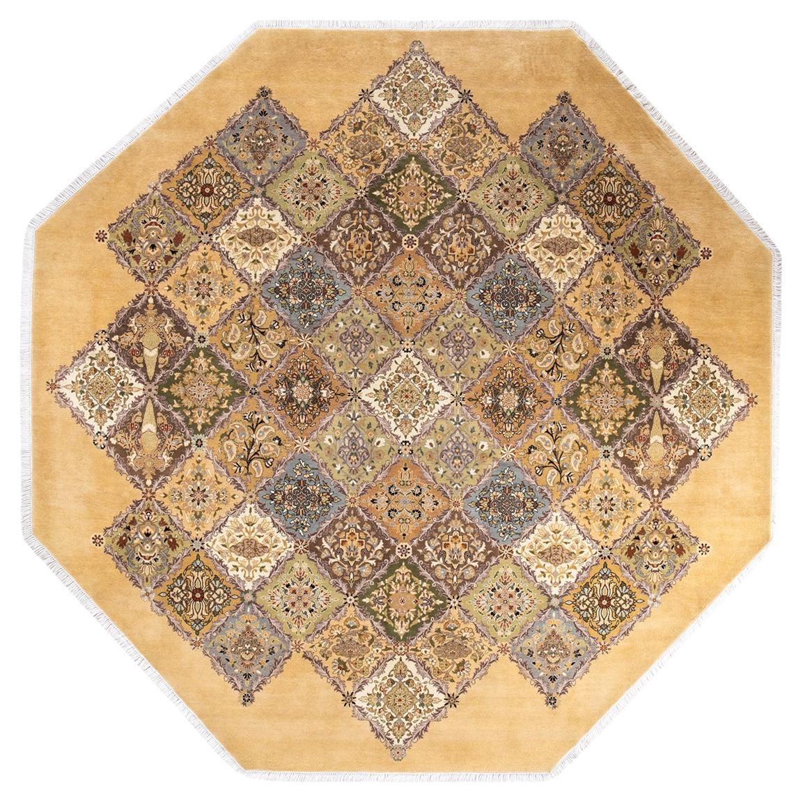 One of a Kind Hand Knotted Traditional Oriental Yellow Octagon Area Rug For Sale