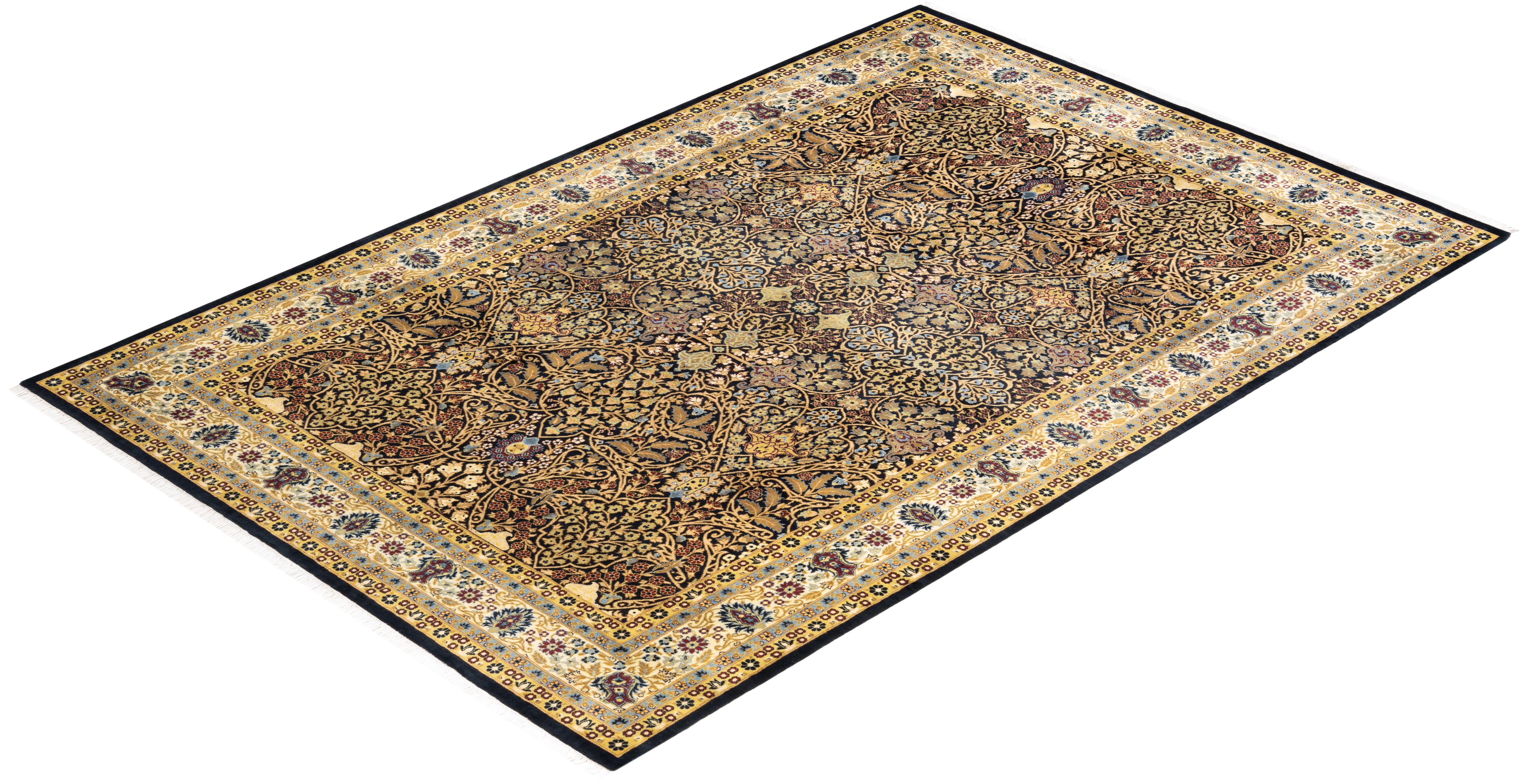 One-of-a-kind Hand Knotted Traditional Tribal Mogul Black Area Rug For Sale 2