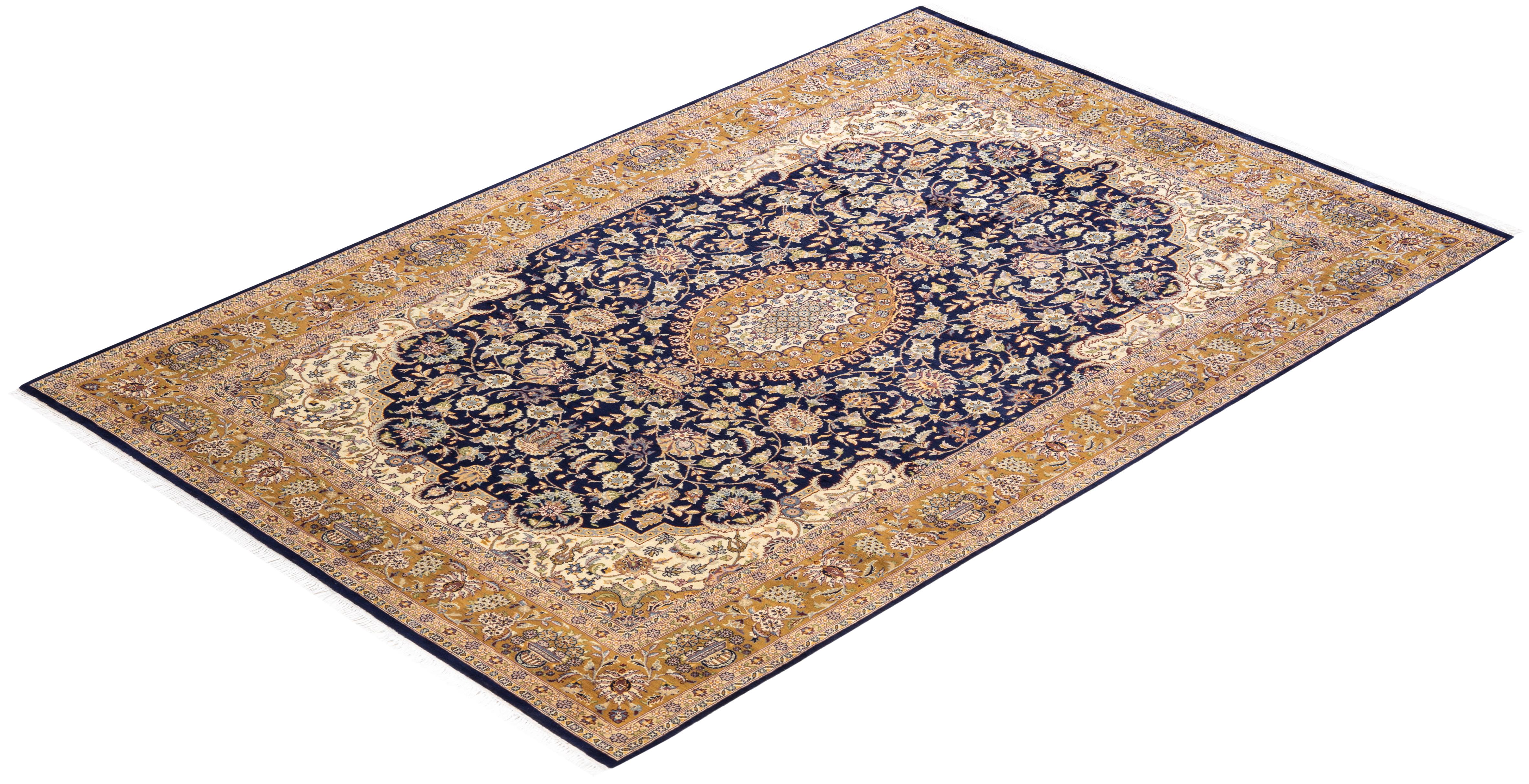 Alfombra tradicional tribal Mogul azul anudada a mano única en su género en venta 2