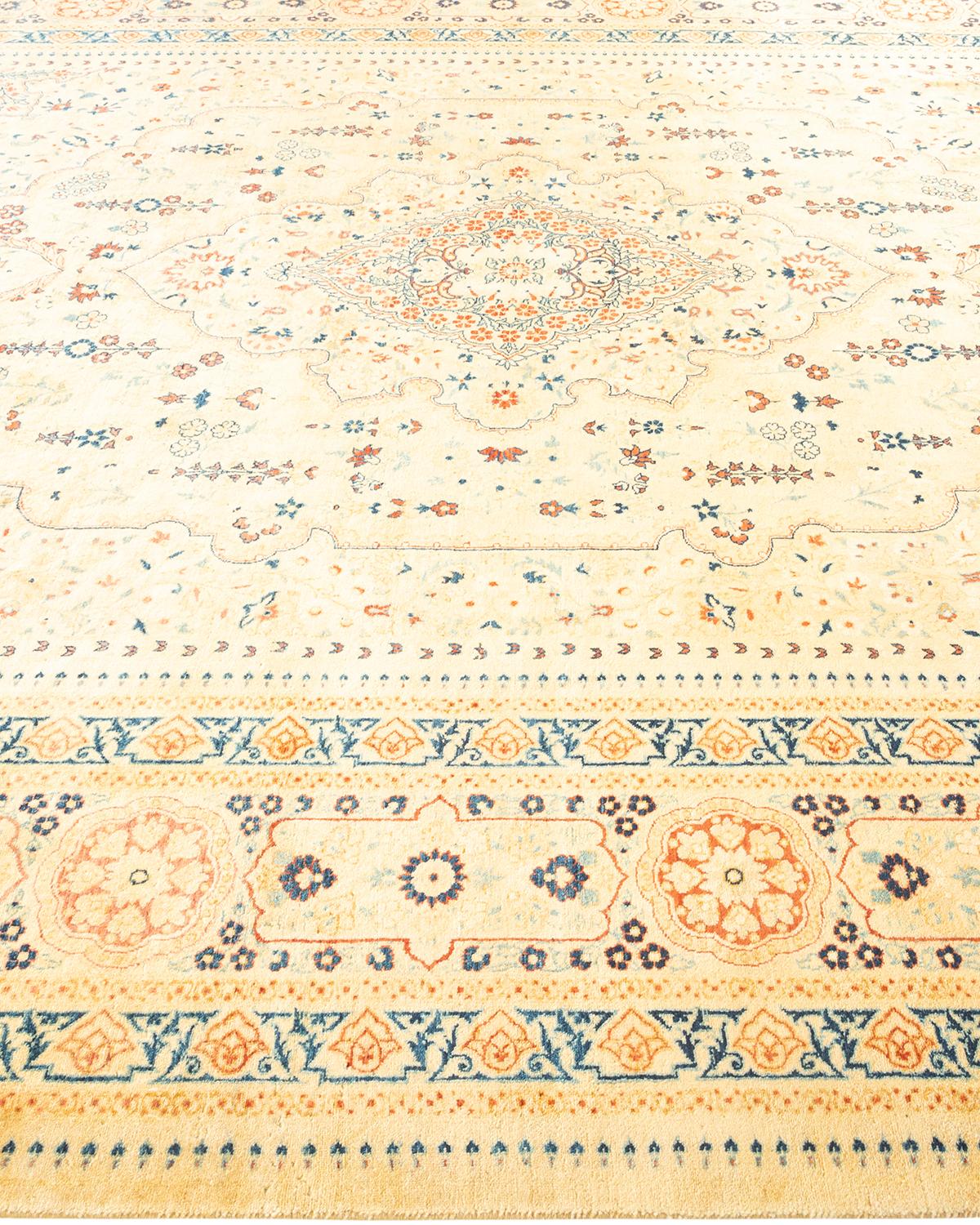 One-Of-A-Kind Hand Knotted Traditional Tribal Mogul Ivory Area Rug In New Condition For Sale In Norwalk, CT