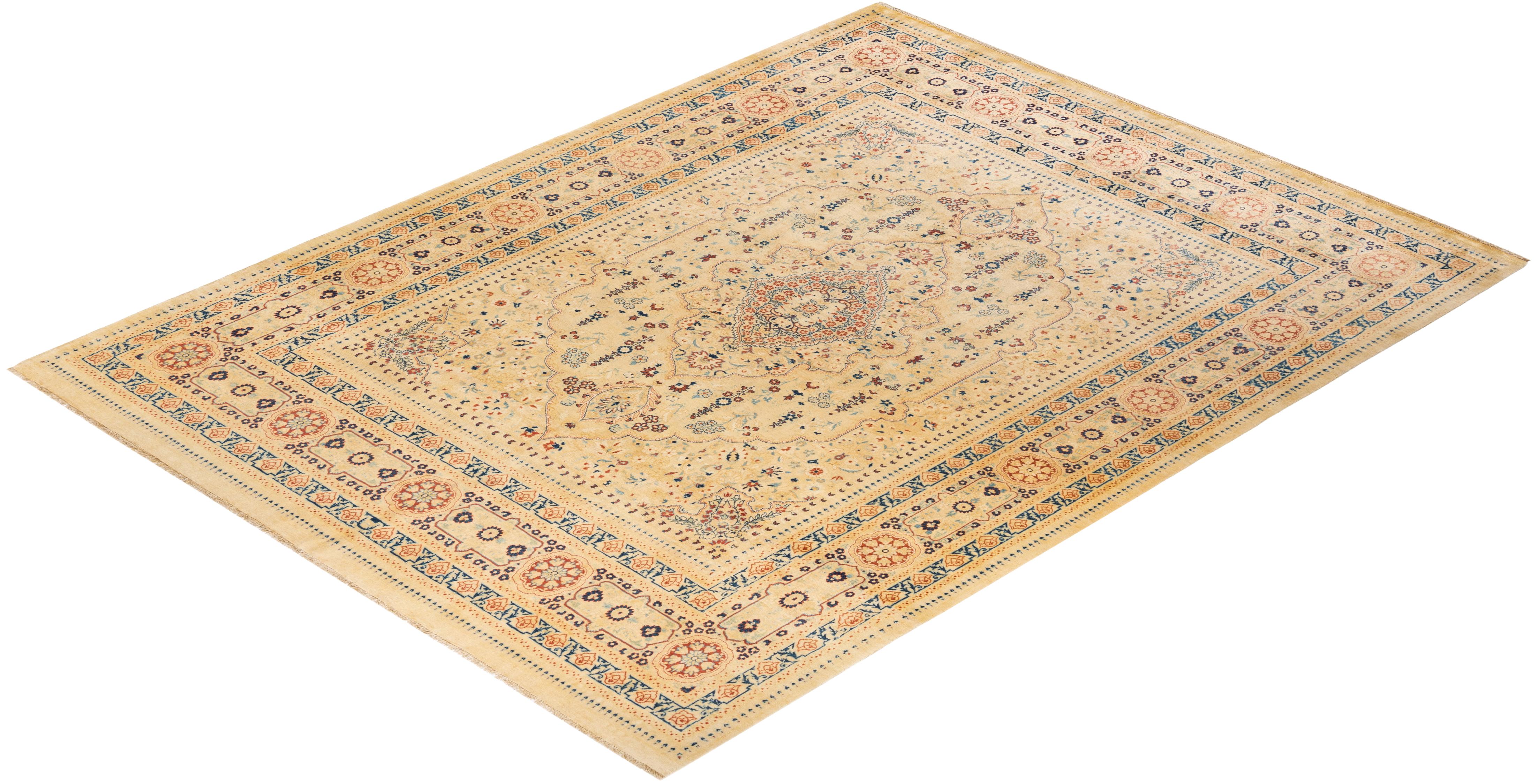 One-Of-A-Kind Hand Knotted Traditional Tribal Mogul Ivory Area Rug For Sale 2