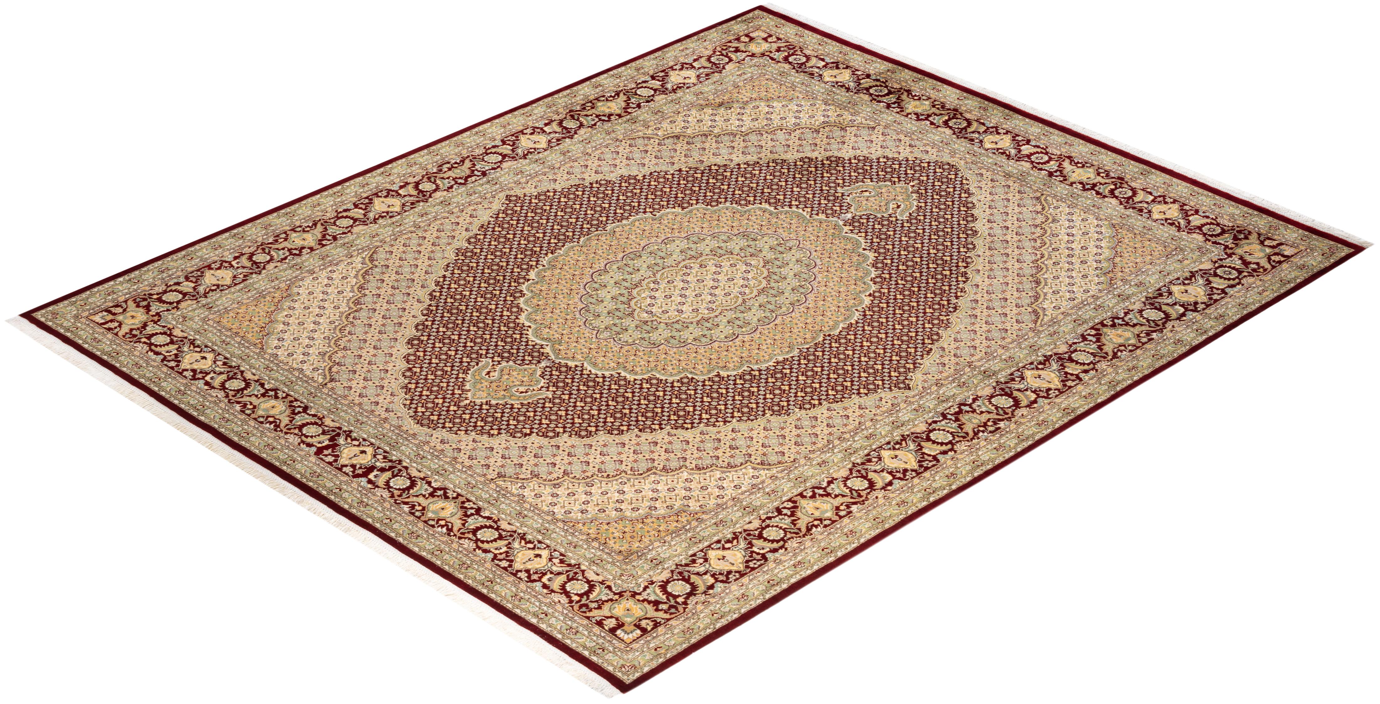 Handgeknüpfter roter Teppich mit traditionellem Stammesmotiv, Mogul, Unikat im Angebot 2