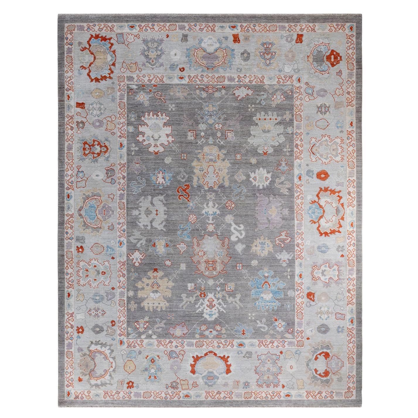 One of a Kind Hand Knotted Traditional Tribal Oushak Gray Area Rug For Sale