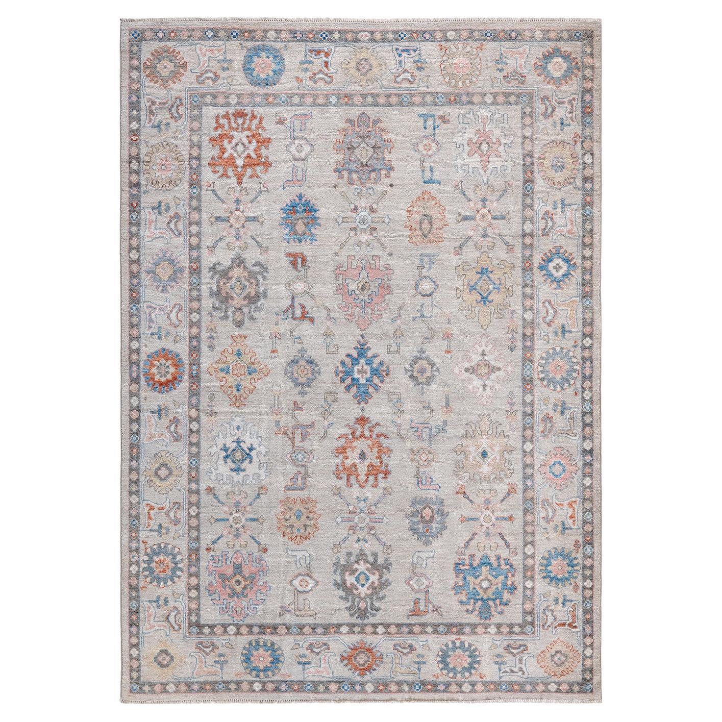 One of a Kind Hand Knotted Traditional Tribal Oushak Ivory Area Rug  For Sale