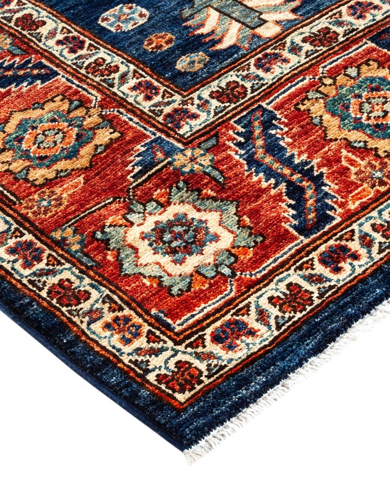 One of a Kind Hand Knotted Traditional Tribal Serapi Blue Area Rug For