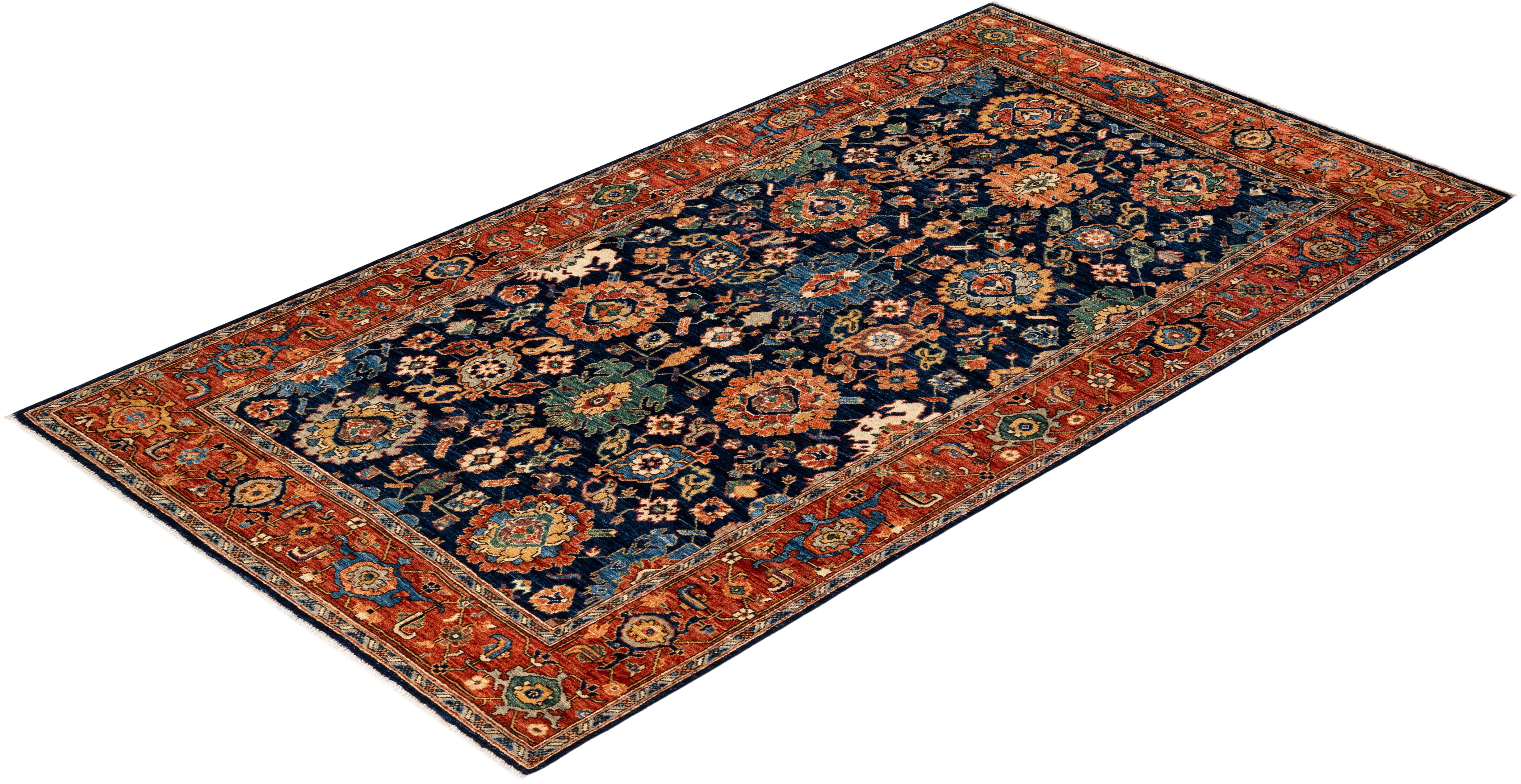 One of a Kind Hand Knotted Traditional Tribal Serapi Blue Area Rug 2
