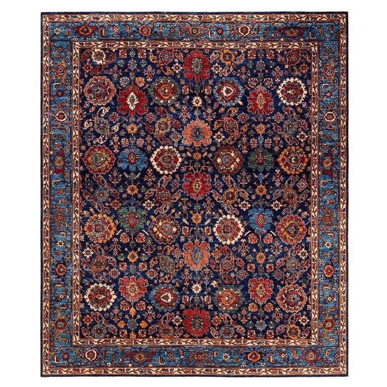 Boxy Traditional Rug One of a Kind Hand Knotted Traditional Tribal Serapi Blue Area Rug For ...