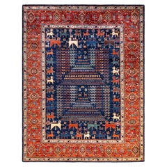 One of a Kind Hand Knotted Traditional Tribal Serapi Blue Area Rug