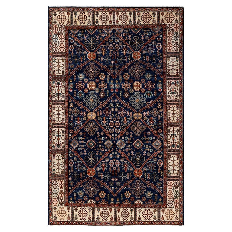 One of a Kind Hand Knotted Traditional Tribal Serapi Blue Area Rug For ...