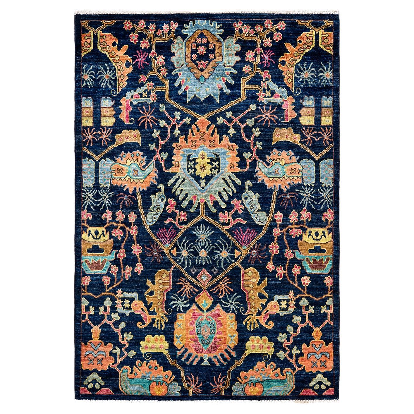 One of a Kind Hand Knotted Traditional Tribal Serapi Blue Area Rug For