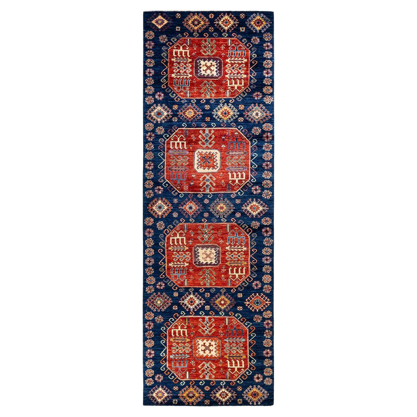 One of a Kind Hand Knotted Traditional Tribal Serapi Blue Area Rug 