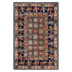 One of a Kind Hand Knotted Traditional Tribal Serapi Blue Area Rug