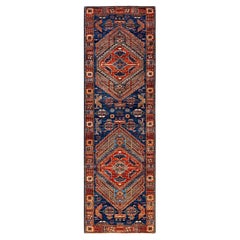 One of a Kind Hand Knotted Traditional Tribal Serapi Blue Area Rug
