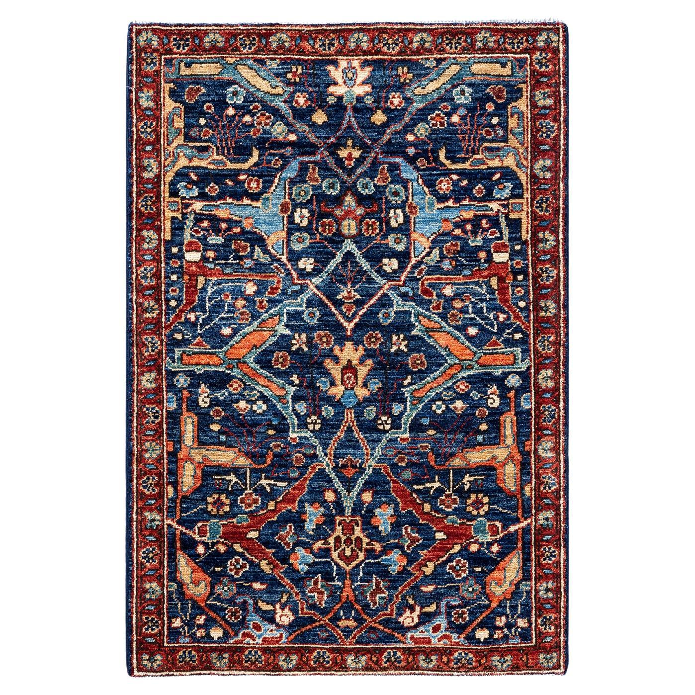 One of a Kind Hand Knotted Traditional Tribal Serapi Blue Area Rug For ...