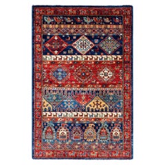 One of a Kind Hand Knotted Traditional Tribal Serapi Blue Area Rug
